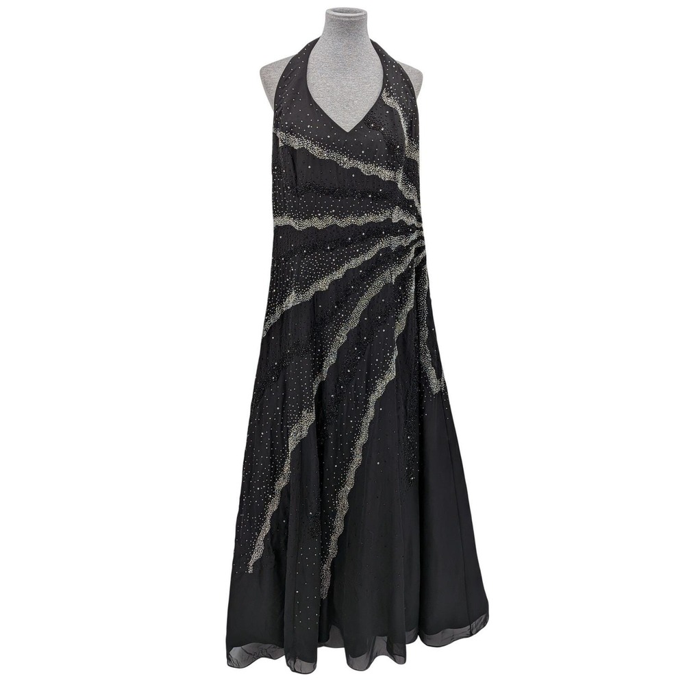 Prom Whimsigoth Y2K Black Halter Silver Sunburst 90s Beads Sequin 20 Long Dress - Picture 3 of 16